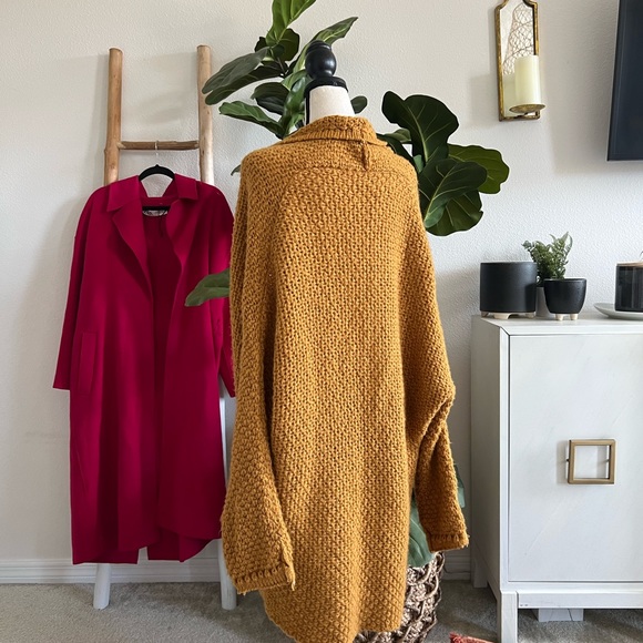 SOLD Slouchy Knit Open Front Long Cardigan in Deep Mustard Yellow - Picture 3 of 5